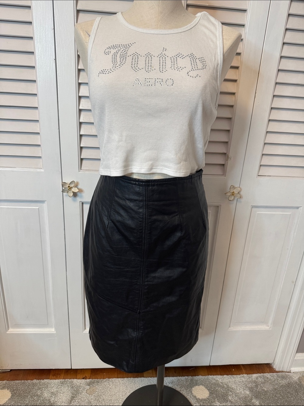 Vintage 80s CHIA 100% Leather Black Midi Pencil Skirt - Size 12 - Made in Korea